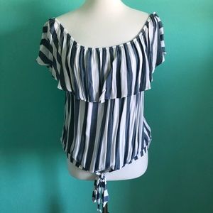 Striped off the shoulder blouse with knot hem